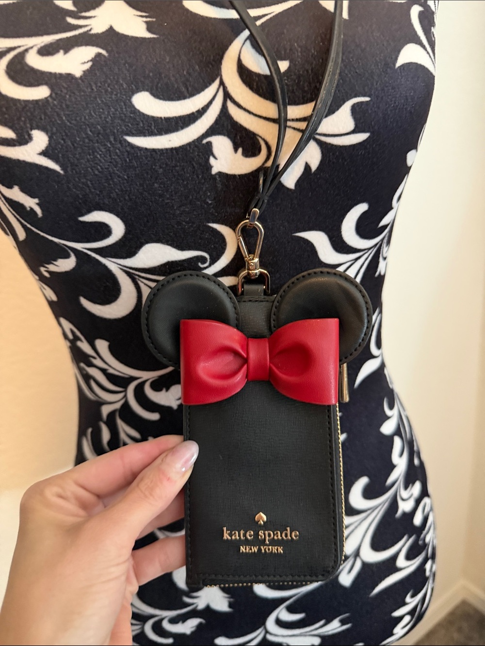 kate spade Black Cardholder Lanyard with Red Bow Mouse-Ear Design